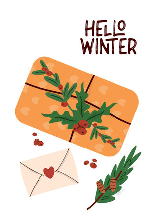 winter concept, gift, dots, snow, pine tree. A card with festive design elements is holiday. The concept of a simple form for seasonal postcards, for a festive poster, banner, print. vector art illustrationのイラスト素材