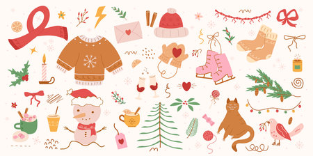 Retro vintage, concept winter, pattern, Fir tree, stars, dots, snow, line drawing. Holiday design elements are isolated on pink background. Simple shape concept for winter season cards, for party poster, banner, print. vector art illustrationのイラスト素材