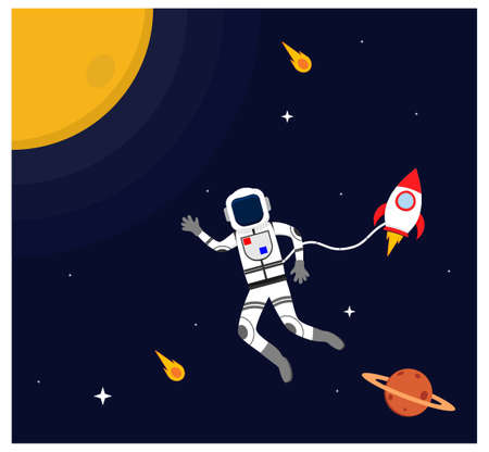 Astronaut fly with Spacecarft in Outer Space flat designのイラスト素材