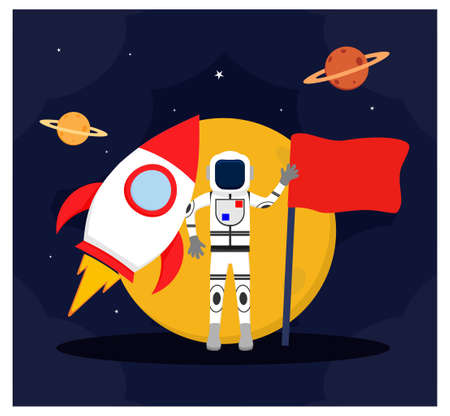 Astronaut Outer space Spacecraft with carry a flag flat designのイラスト素材