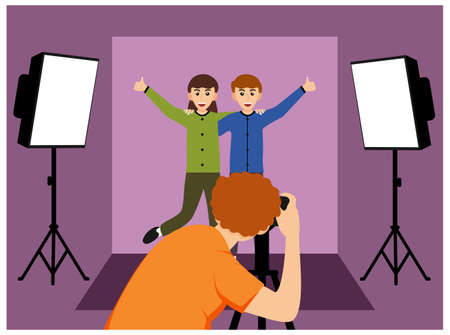 Happy couple in Photo Studio Flat Design