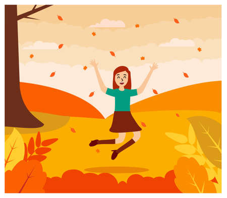 Happy Girl in Autumn Nature Landscape Flat designのイラスト素材