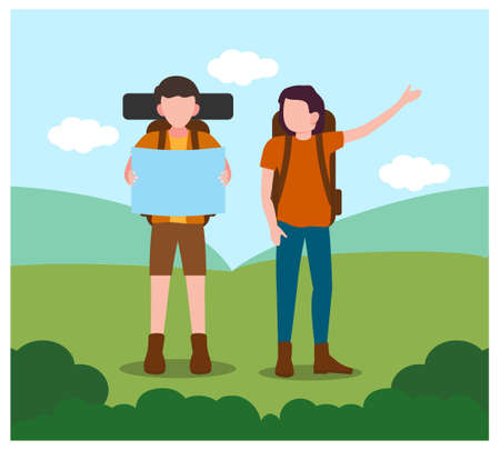 Flat design of Backpacker looking at mapのイラスト素材