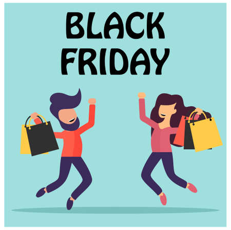 Flat design of Men and women shopping on Black Fridayのイラスト素材