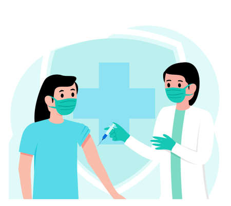 Doctor Inject Vaccine shot to patient flat designのイラスト素材