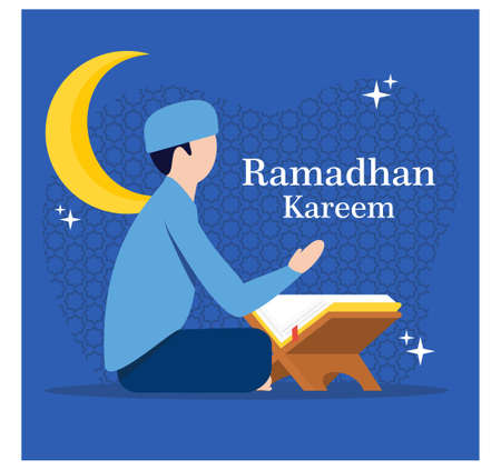 Ramadan Mubarak, reading Quran in flat designのイラスト素材