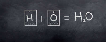 The photo shows the elements combined to create H2O water. Scientific numbers also shown.の写真素材