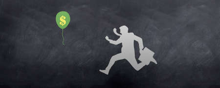 A sketch of a Business man chasing a Dollar Balloonの写真素材
