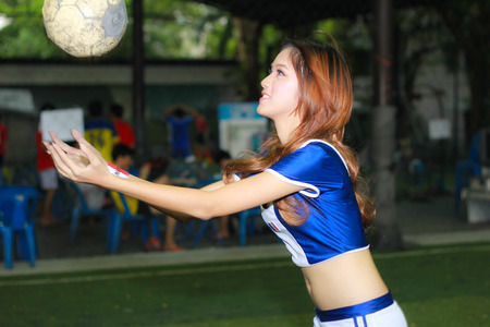 BANGKOK, THAILAND - JUNE 29, 2014  Unidentified model with Italy costume pose for promote World Cup 2014 in futsal park on June 29, 2014 in Bangkok, Thailand のeditorial素材