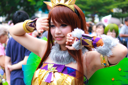 Bangkok - Aug 31: An unidentified Japanese anime cosplay pose  on August 31, 2014 at Central World, Bangkok, Thailand.のeditorial素材