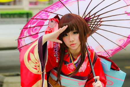 Bangkok - Jan 28: An unidentified Japanese anime cosplay  pose on January 28, 2018 at Central World, Bangkok, Thailand.のeditorial素材