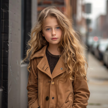 portrait of a beautiful little girl with blond curly hair in the city generative aiの素材
