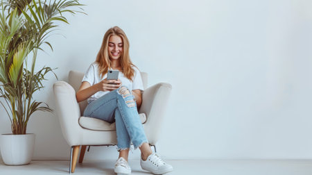 Portrait of young woman using mobile phone while sitting in armchair at home regenerative aiの素材