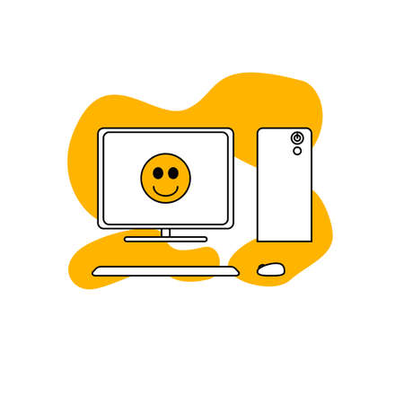 The computer icon. PC symbol. Flat Vector illustration on yellow background. Computer display with yellow emojiのイラスト素材