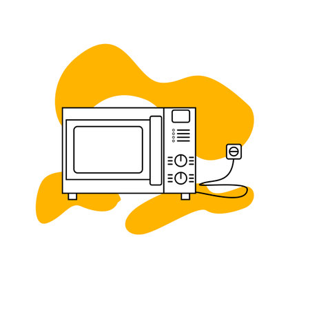 Microwave oven vector icon on yellow background. Electric appliances vector in black line style.のイラスト素材