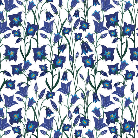 Seamless vector pattern with blue bells flowers, steams and leaves. Hand drawn marker botanical design on white background. Floral design for fabric, textile, wrapping paper, card, invitation.のイラスト素材