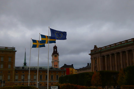 Sweden and Sweden flags in Stockholm, Sweden.の写真素材