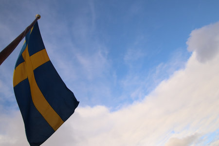 Sweden and Sweden flags in Stockholm, Sweden.の写真素材