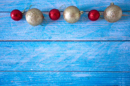 Decoration for the party,Top view Color balls placed on old blue wooden floors,background Space for text and designの写真素材