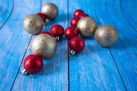 Decoration for the party,Top view Color balls placed on old blue wooden floors,background Space for text and designの写真素材