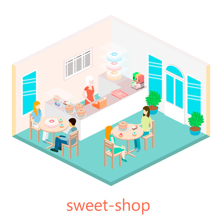 Isometric interior of sweet-shop. People sit at the table and eating.のイラスト素材