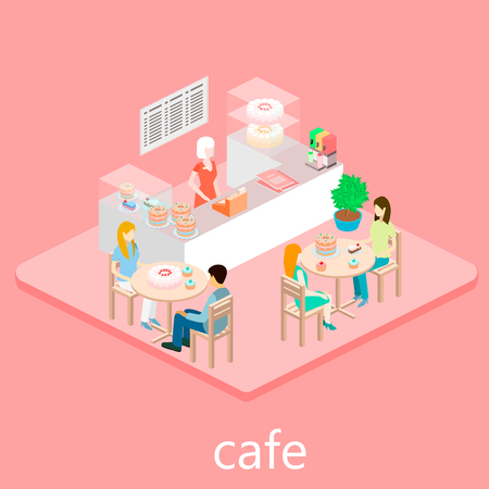 Isometric interior of sweet-shop. People sit at the table and eating.のイラスト素材