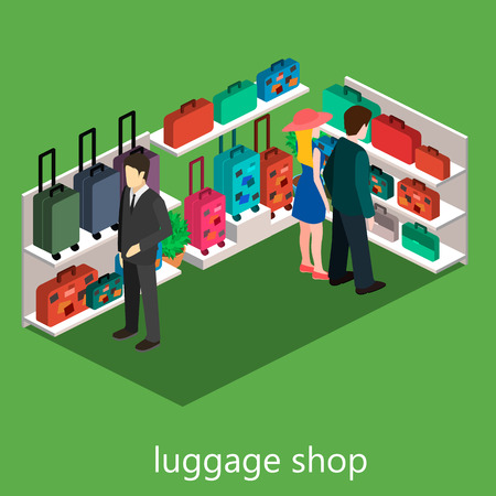 isometric infographic.Flat interior of luggage shop.のイラスト素材