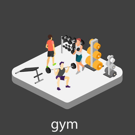 Isometric interior of gym. People involved in sportsのイラスト素材