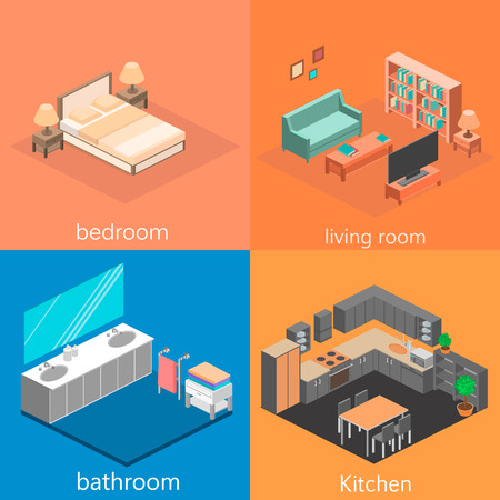 set of isometric interior rooms of the house.のイラスト素材