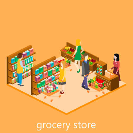 Isometric interior of grocery store. Shopping mall flat 3d  isometric  concept web illustration.のイラスト素材