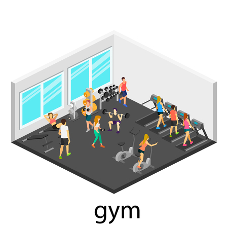 Isometric interior of gym. People involved in sportsのイラスト素材