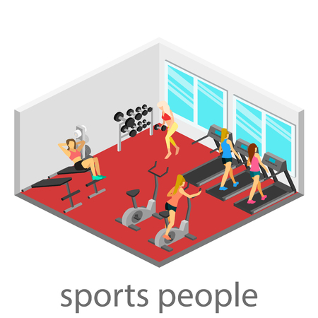 Isometric interior of gym. People involved in sportsのイラスト素材