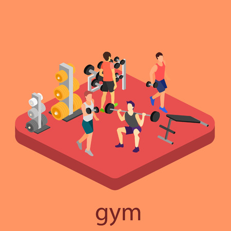 Isometric interior of gym. People involved in sportsのイラスト素材