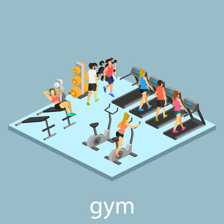 Isometric interior of gym. People involved in sportsのイラスト素材