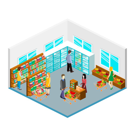 Isometric intireor of grocery store. Shopping mall flat 3d  isometric  concept web vector illustration. . Set of objectのイラスト素材