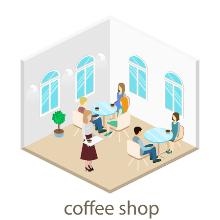 Isometric interior ofcoffee shop. People sit at the table and eating.のイラスト素材