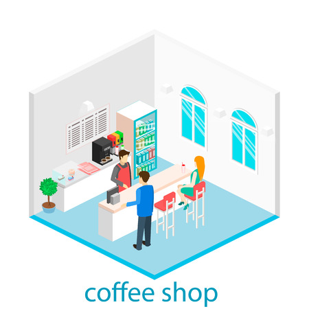 Isometric interior ofcoffee shop. People sit at the table and eating.のイラスト素材