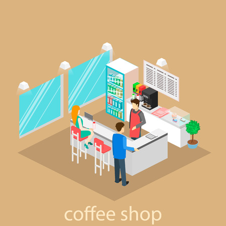 Isometric interior ofcoffee shop. People sit at the table and eating.のイラスト素材