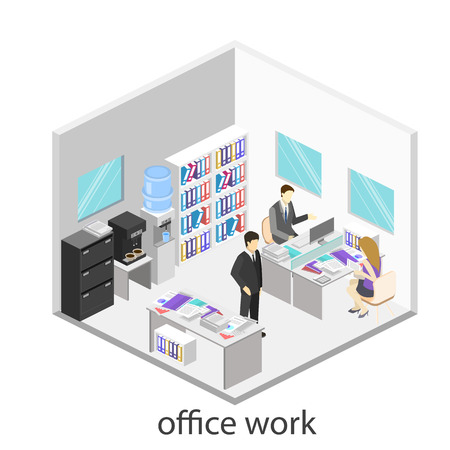 Flat 3d isometric abstract office floor interior departments concept vector.  Office life. Office workspace. People working in offices. Office room. Offices with partitionsのイラスト素材