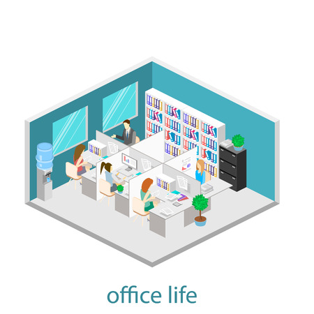 Flat 3d isometric abstract office floor interior departments concept vector.  Office life. Office workspace. People working in offices. Office room. Offices with partitionsのイラスト素材