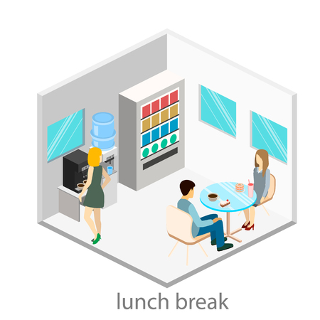 Isometric interior of a coffee shop in the office. Isometric interior ofcoffee shop. People sit at the table and eating.のイラスト素材