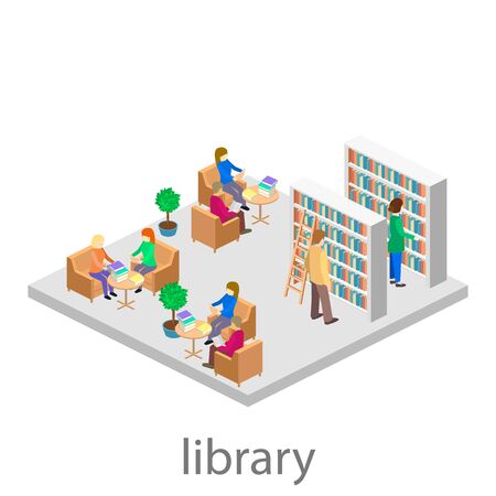 isometric interior of library. Set of objectのイラスト素材