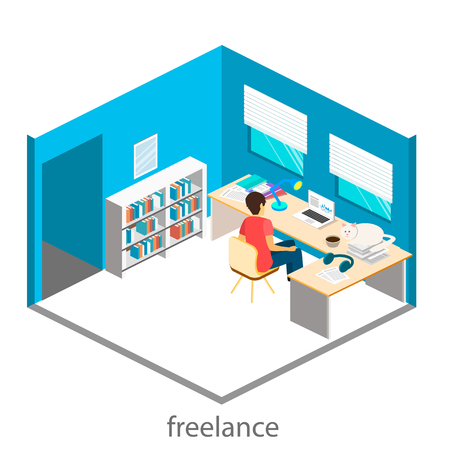 Isometric interior of home office. Freelancer works at the computer. Flat 3D illustration.  On a table scattered papersのイラスト素材