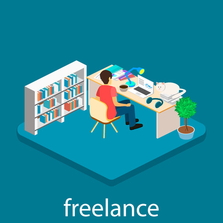 Isometric interior of home office. Freelancer works at the computer. Flat 3D illustration.  On a table scattered papersのイラスト素材