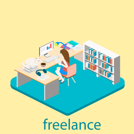 Isometric interior of home office. Freelancer works at the computer. Flat 3D illustration.  On a table scattered papersのイラスト素材
