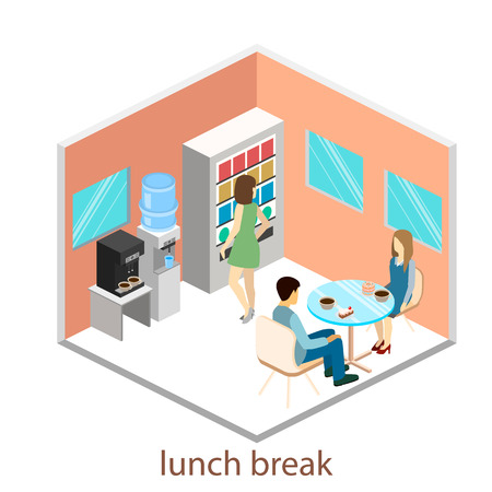 Isometric interior of a coffee shop in the office. Isometric interior ofcoffee shop. People sit at the table and eating.のイラスト素材