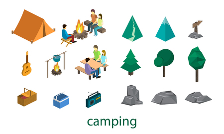 Isometric set of object for camping. Infographic 3D flat. Set of object.のイラスト素材