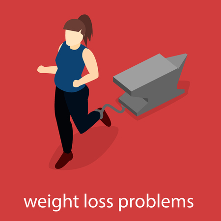 Isometric girl try to lose weight. Girl slimming. Weight loss problems. Flat 3D cartoon illustation.のイラスト素材