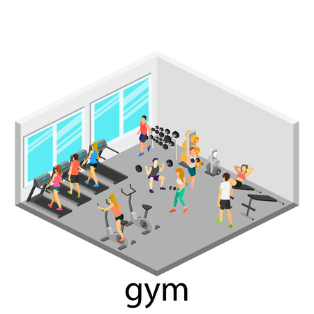 Isometric interior of gym. People involved in sportsのイラスト素材