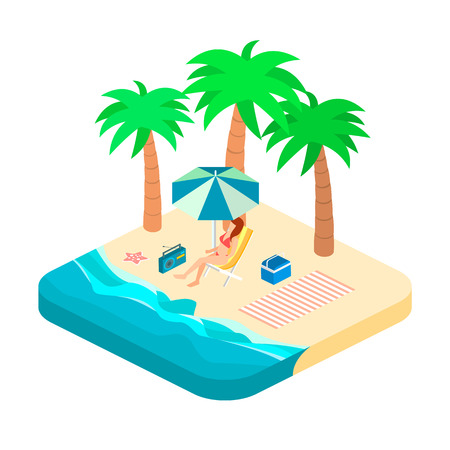 Isometric infographic landscape with sea and people on the beach. Isometric flat 3D landscape. Set of objectのイラスト素材